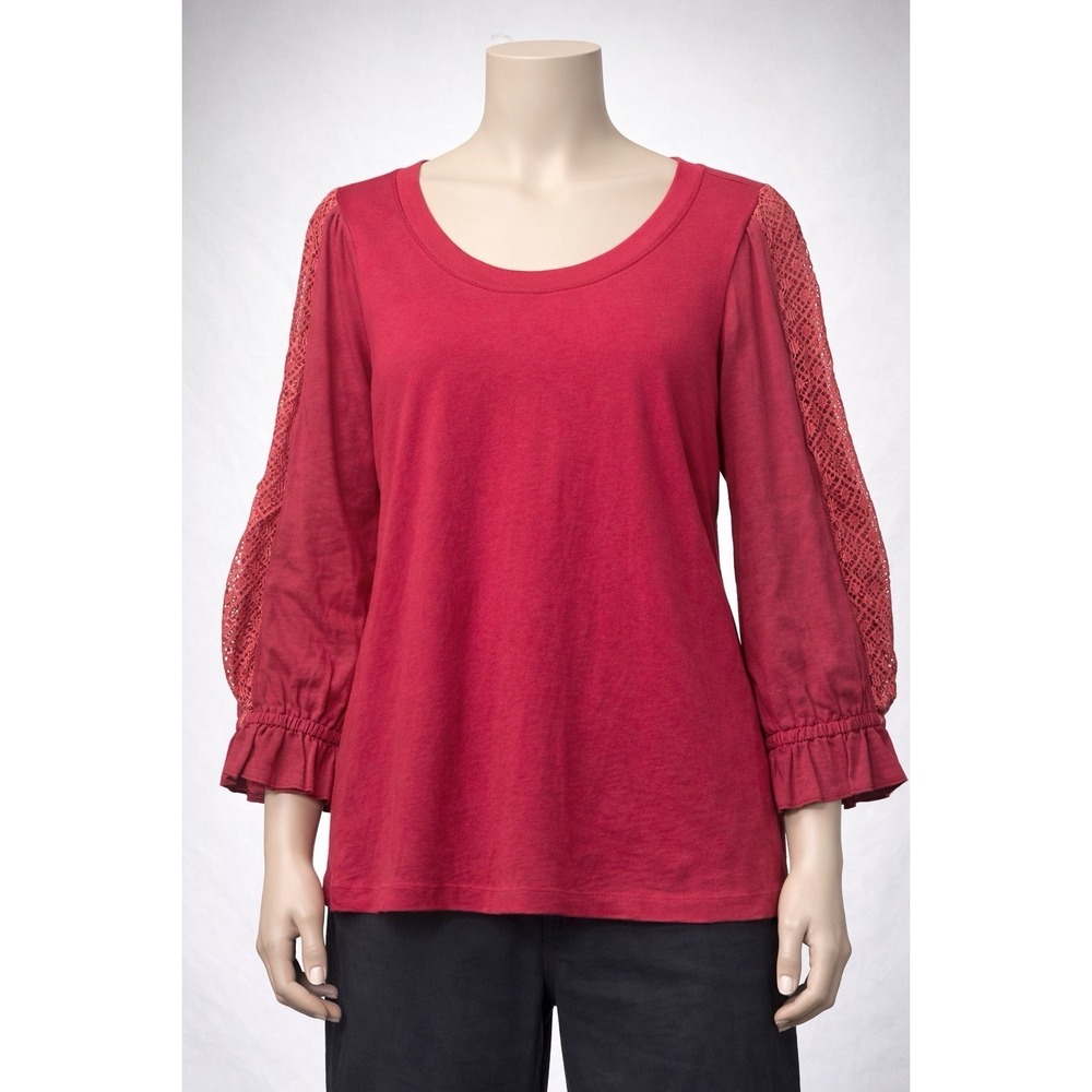 Free People No Frills Lace Inset Balloon Sleeve Pink Tunic Top Small Boho Hippie